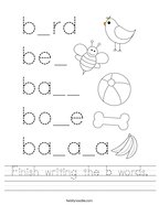 Finish writing the b words Handwriting Sheet