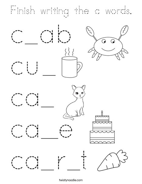 Finish writing the c words Coloring Page - Tracing - Twisty Noodle