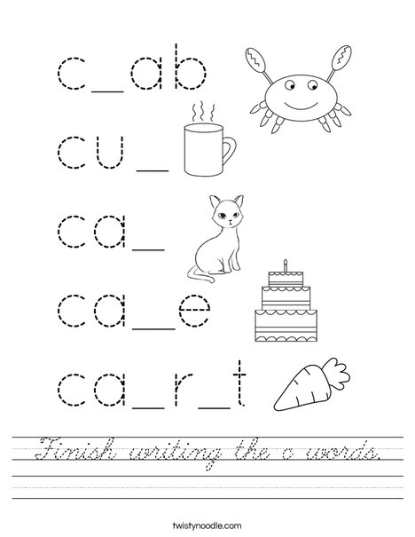 Finish writing the c words Worksheet - Cursive - Twisty Noodle