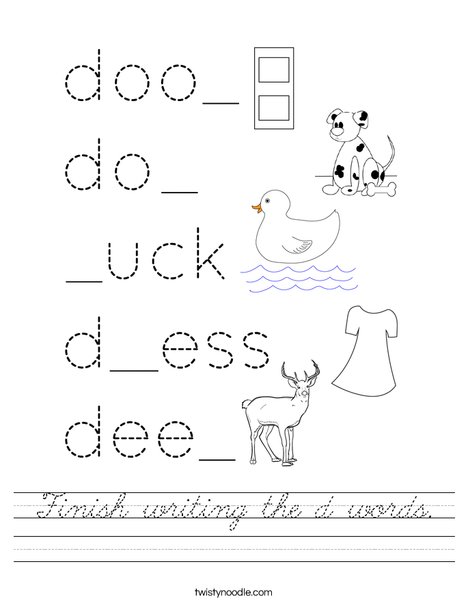 Finish writing the d words Worksheet - Cursive - Twisty Noodle
