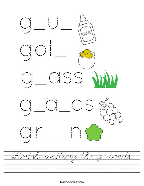 Finish writing the g words. Worksheet