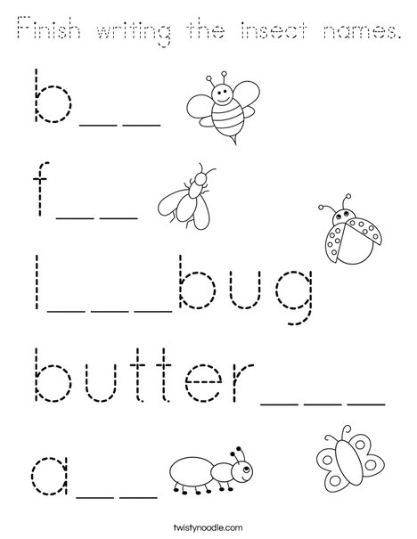 Finish writing the insect names. Coloring Page