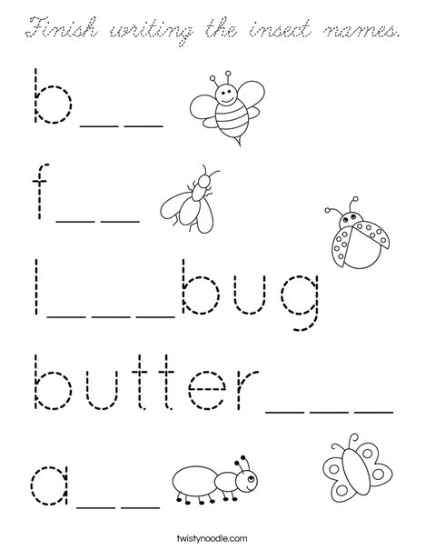 Finish writing the insect names. Coloring Page
