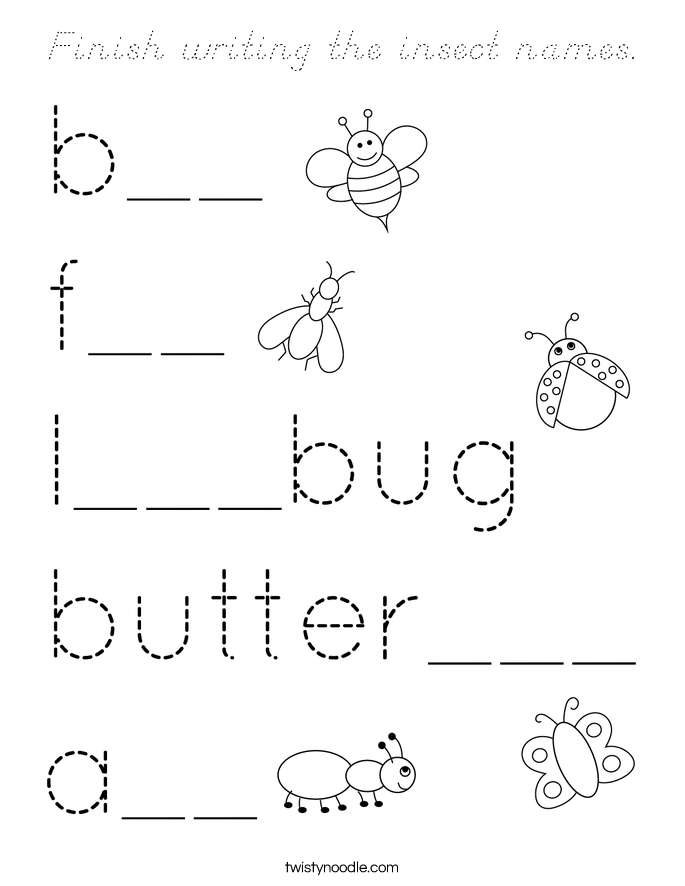 Finish writing the insect names. Coloring Page