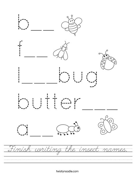 Finish writing the insect names. Worksheet