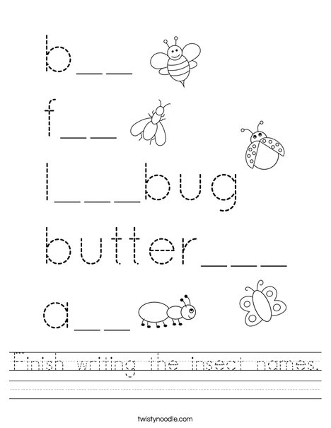 Finish writing the insect names. Worksheet