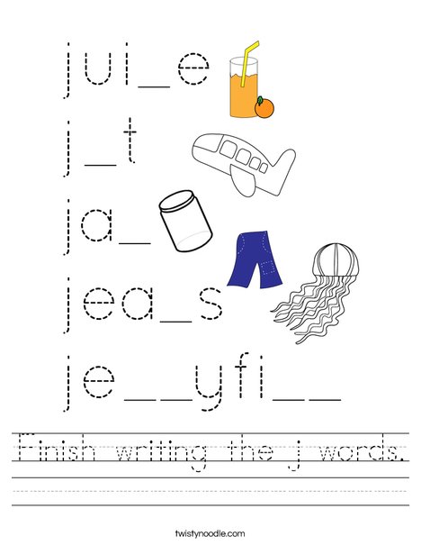 Finish writing the j words. Worksheet