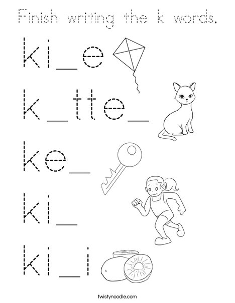 Finish writing the k words. Coloring Page