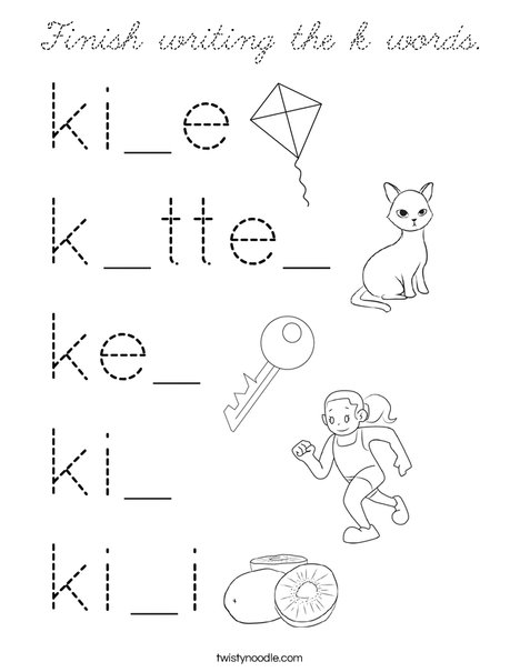 Finish writing the k words. Coloring Page