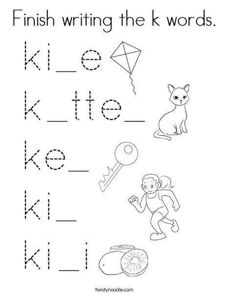 Finish writing the k words. Coloring Page