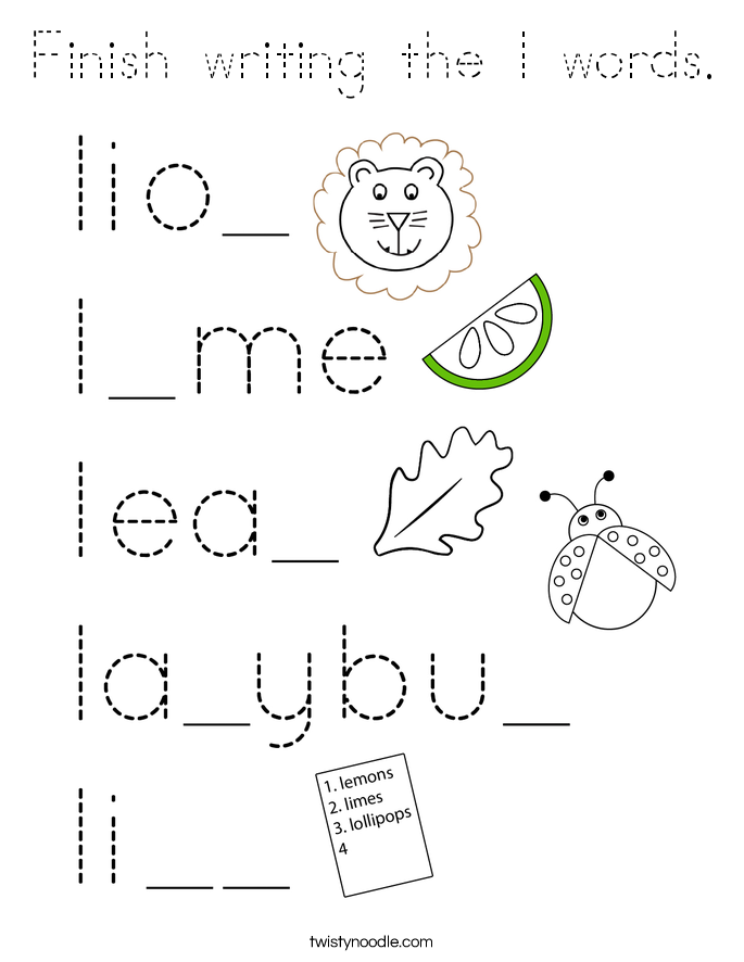 Finish writing the l words. Coloring Page