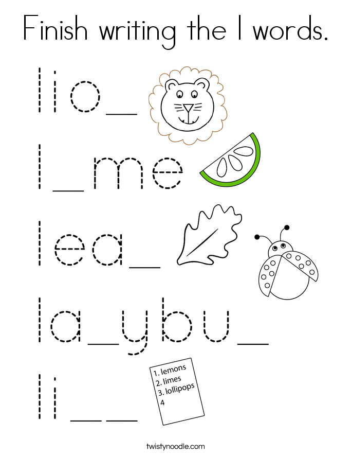 Finish writing the l words. Coloring Page