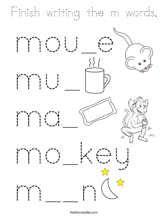 Finish writing the m words. Coloring Page