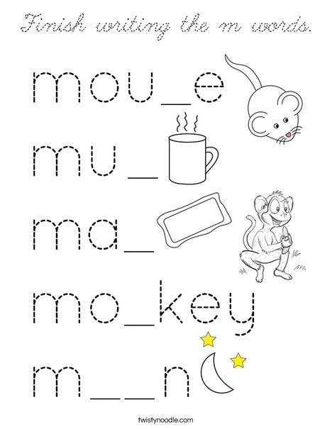 Finish writing the m words. Coloring Page