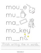 kindergarten worksheets letter m Finish writing the m words Handwriting Sheet