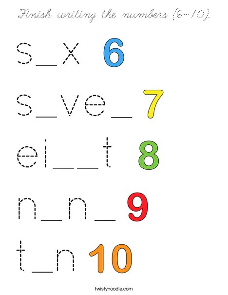 Finish writing the numbers (6-10). Coloring Page