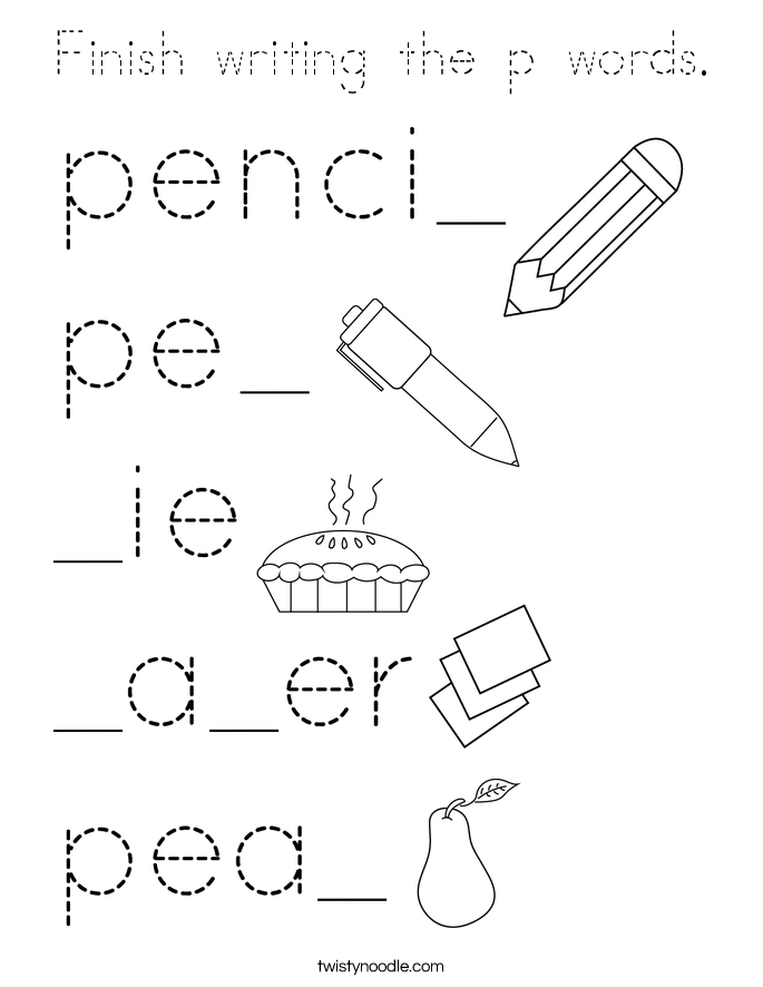 Finish writing the p words. Coloring Page