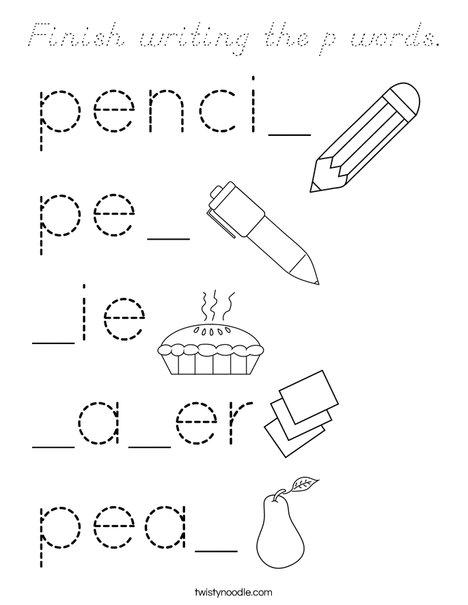 Finish writing the p words. Coloring Page