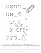 Finish writing the p words Handwriting Sheet