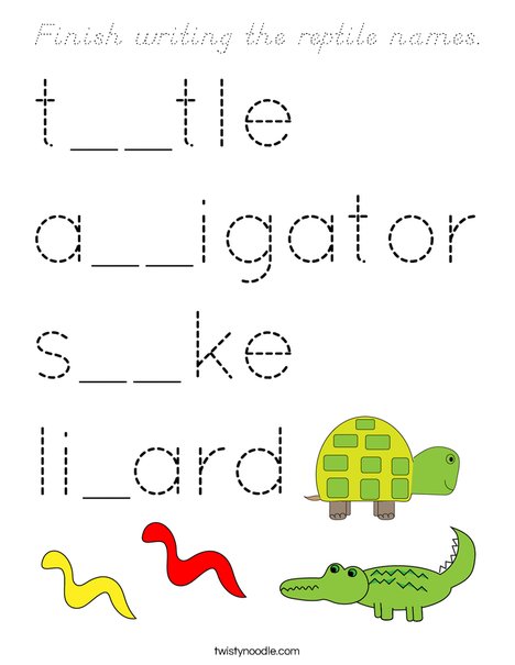 Finish writing the reptile names. Coloring Page