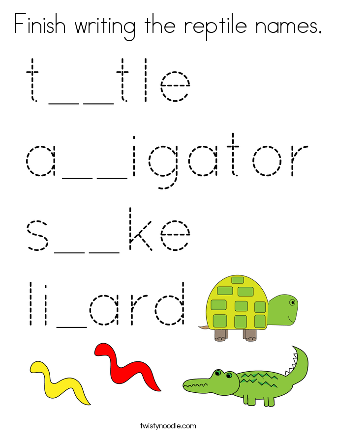 Finish writing the reptile names. Coloring Page