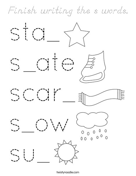 Finish writing the s words. Coloring Page