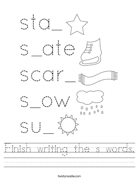 Finish writing the s words. Worksheet