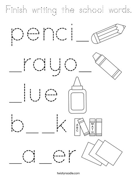 Finish writing the school words. Coloring Page