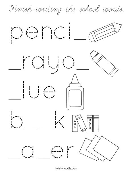 Finish writing the school words. Coloring Page