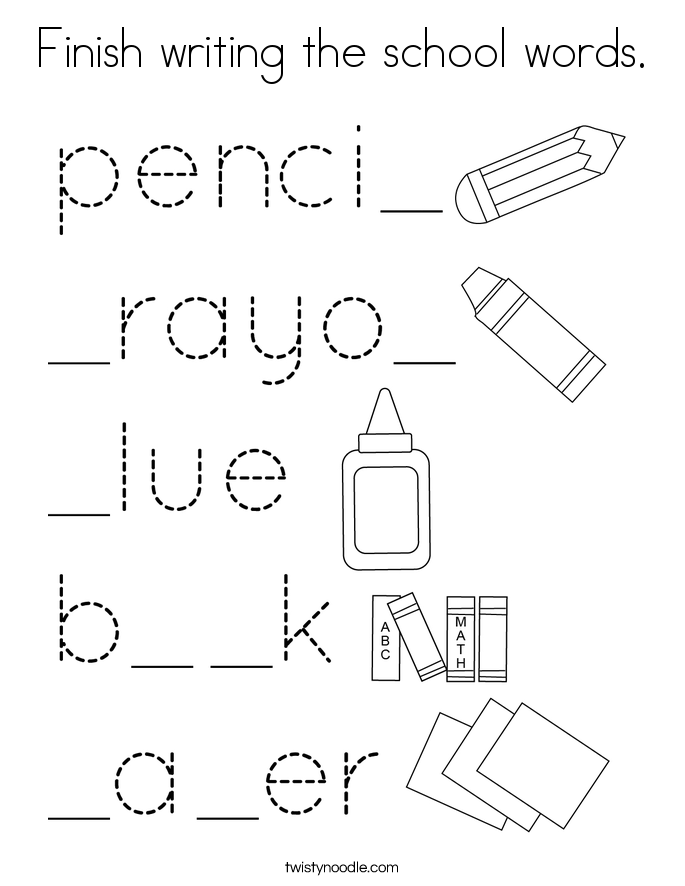 Finish writing the school words. Coloring Page