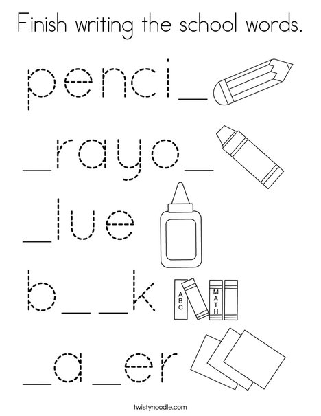 Finish writing the school words. Coloring Page
