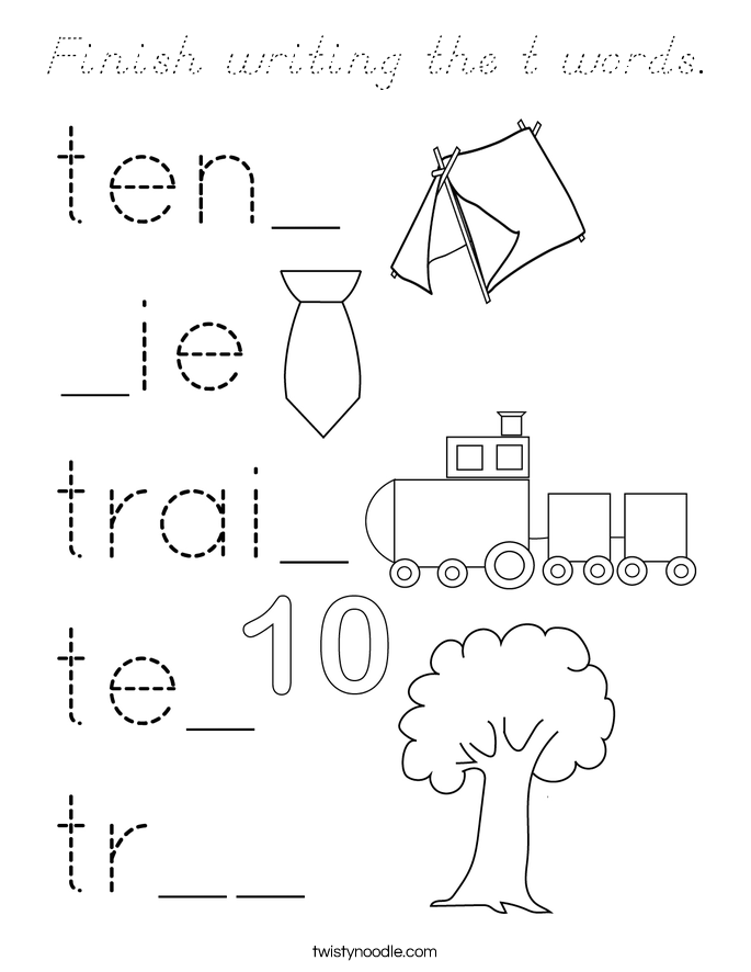 Finish writing the t words. Coloring Page