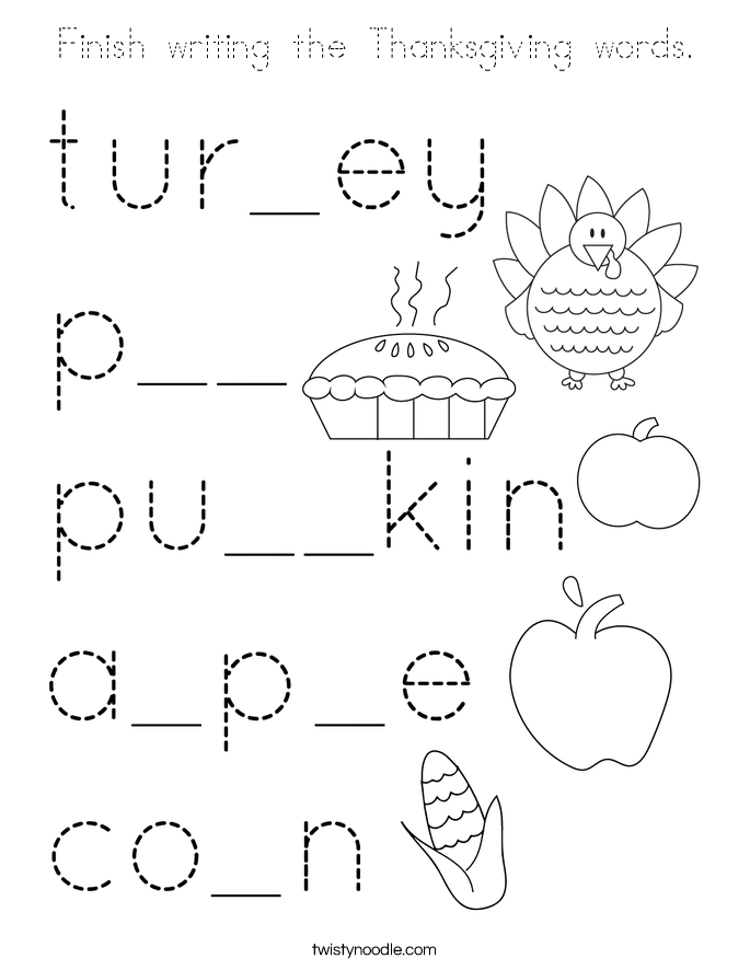Finish writing the Thanksgiving words. Coloring Page