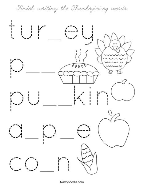Finish writing the Thanksgiving words. Coloring Page