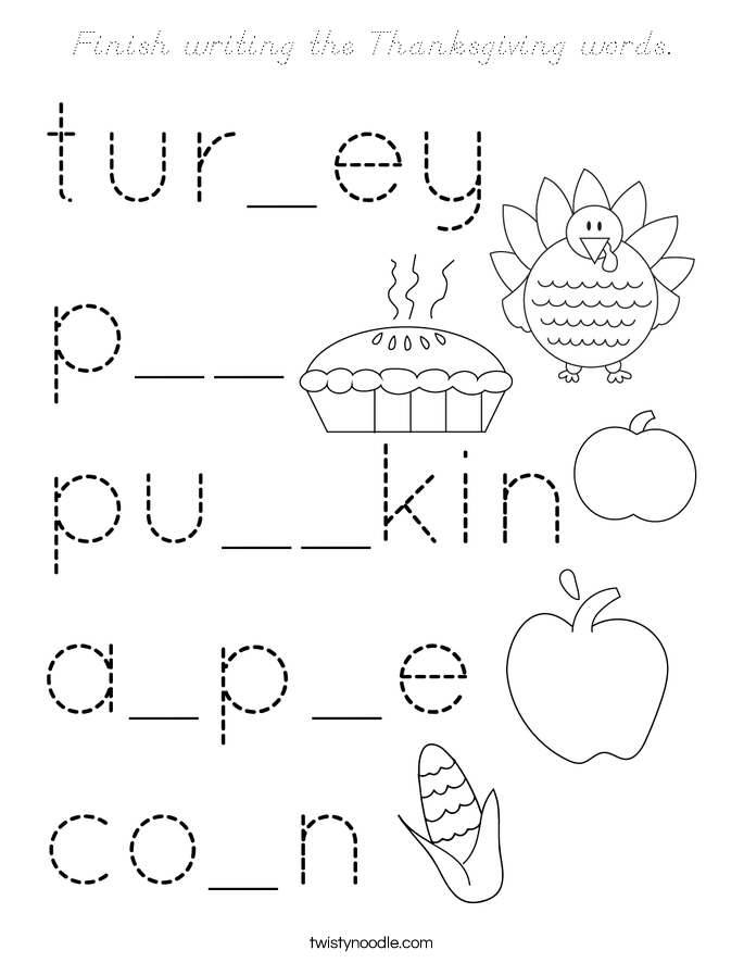 Finish writing the Thanksgiving words. Coloring Page