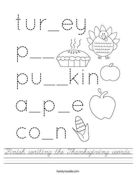 Finish writing the Thanksgiving words. Worksheet