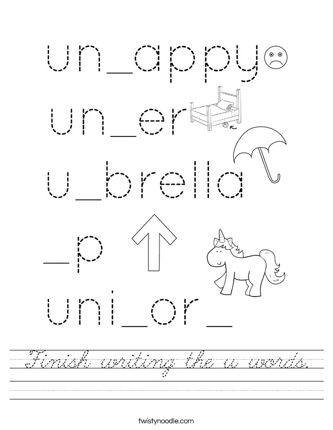 Finish writing the u words. Worksheet