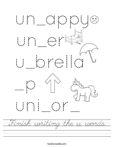 Finish writing the u words. Worksheet