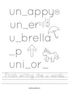 Finish writing the u words Handwriting Sheet