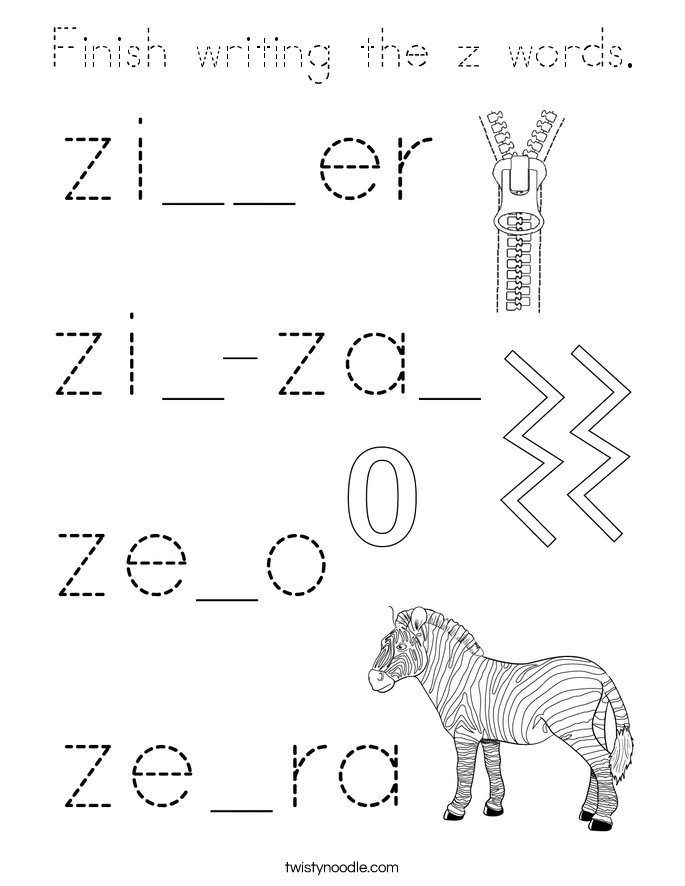 Finish writing the z words. Coloring Page