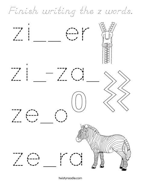 Finish writing the z words. Coloring Page