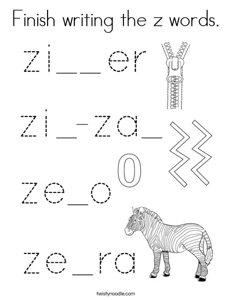Finish writing the z words. Coloring Page