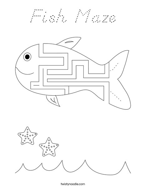 Fish Maze Coloring Page - D'Nealian - Twisty Noodle