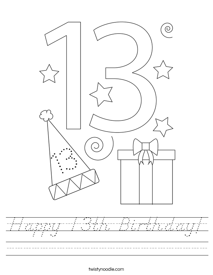 Happy 13th Birthday Worksheet - D'Nealian - Twisty Noodle