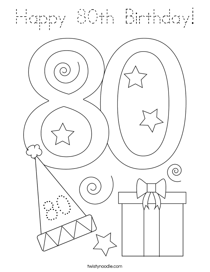 Happy 80th Birthday Coloring Page - Tracing - Twisty Noodle