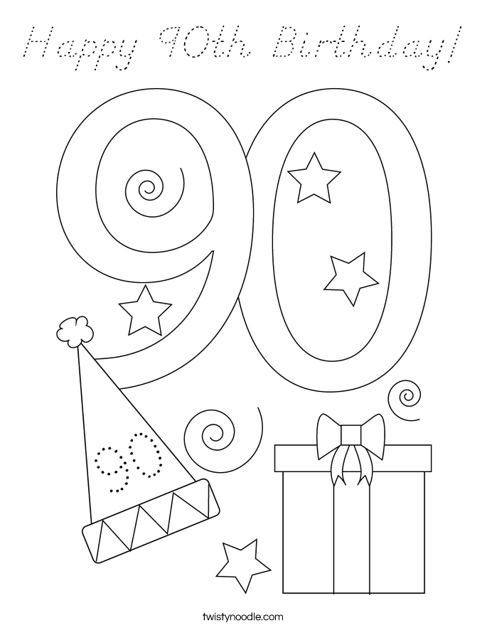 Happy 90th Birthday Coloring Page - D'Nealian - Twisty Noodle