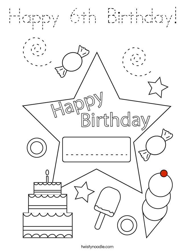 Happy 6th Birthday!  Coloring Page