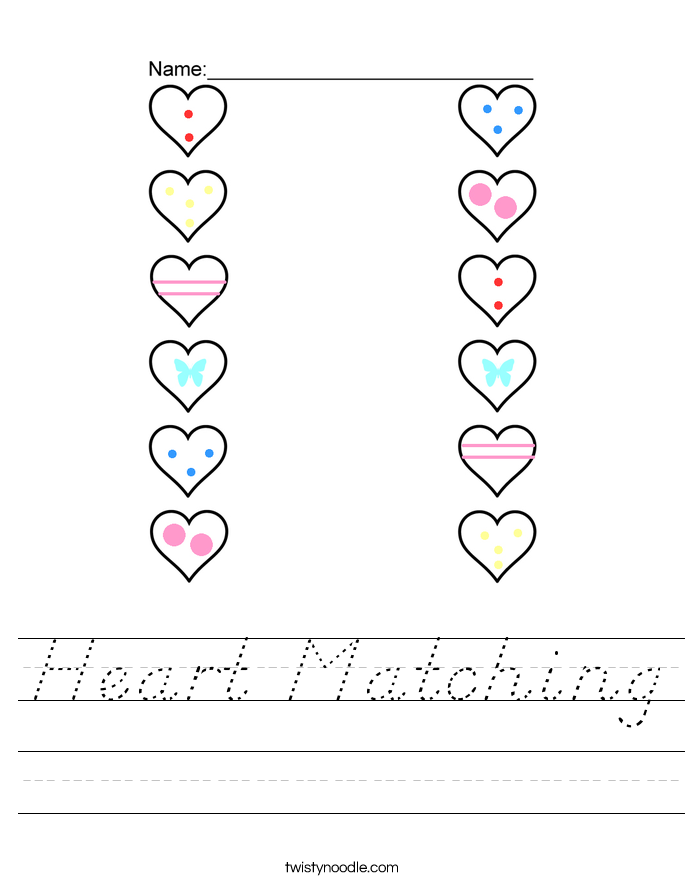 Heart Matching Worksheet - D'Nealian - Twisty Noodle