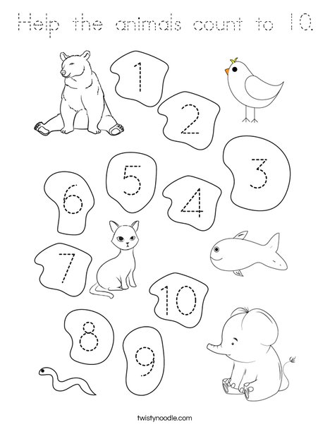 Help the animals count to 10. Coloring Page
