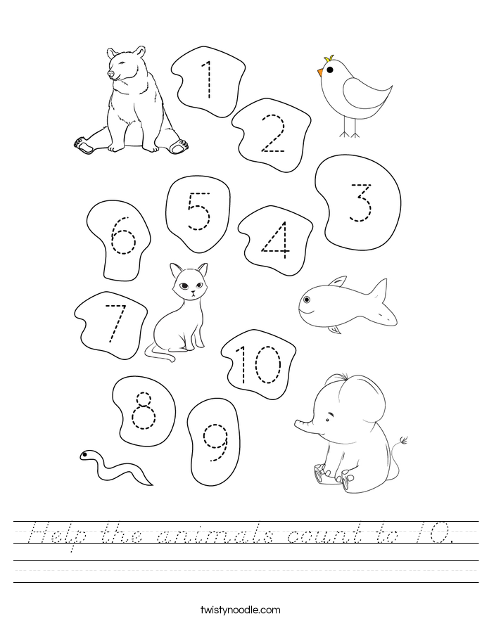 Help the animals count to 10. Worksheet